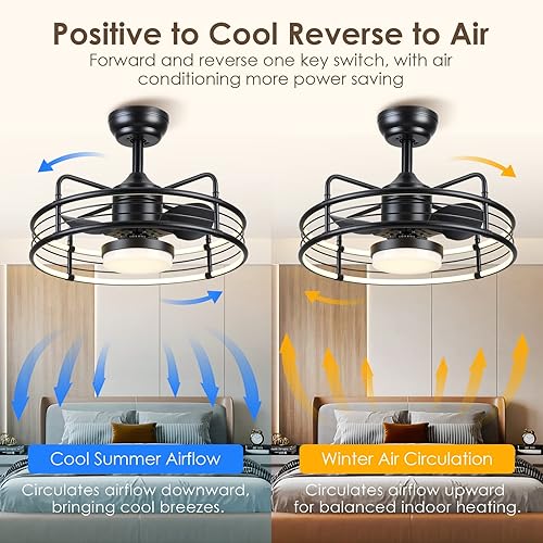 Miniatura 4 de Asyko Ventilador de techo enjaulado con luz, ventiladores de techo negros sin aspas con control remoto, reversible y regulable, ventilador de techo