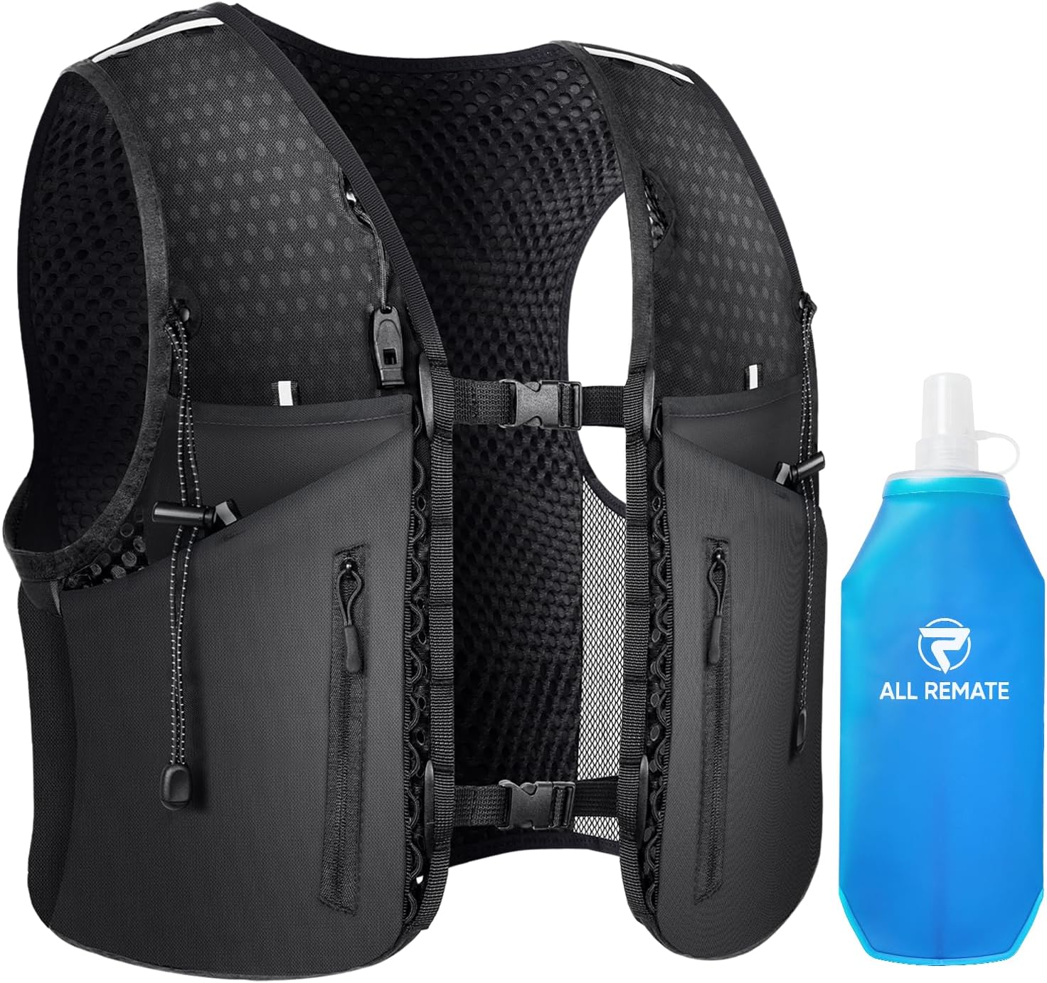 All-in-One Multi Sport Trail Running Vest including Water Bottle, Whistle, 11 Pockets & 6 Straps – Ergonomic Lightweight Reflective Gear