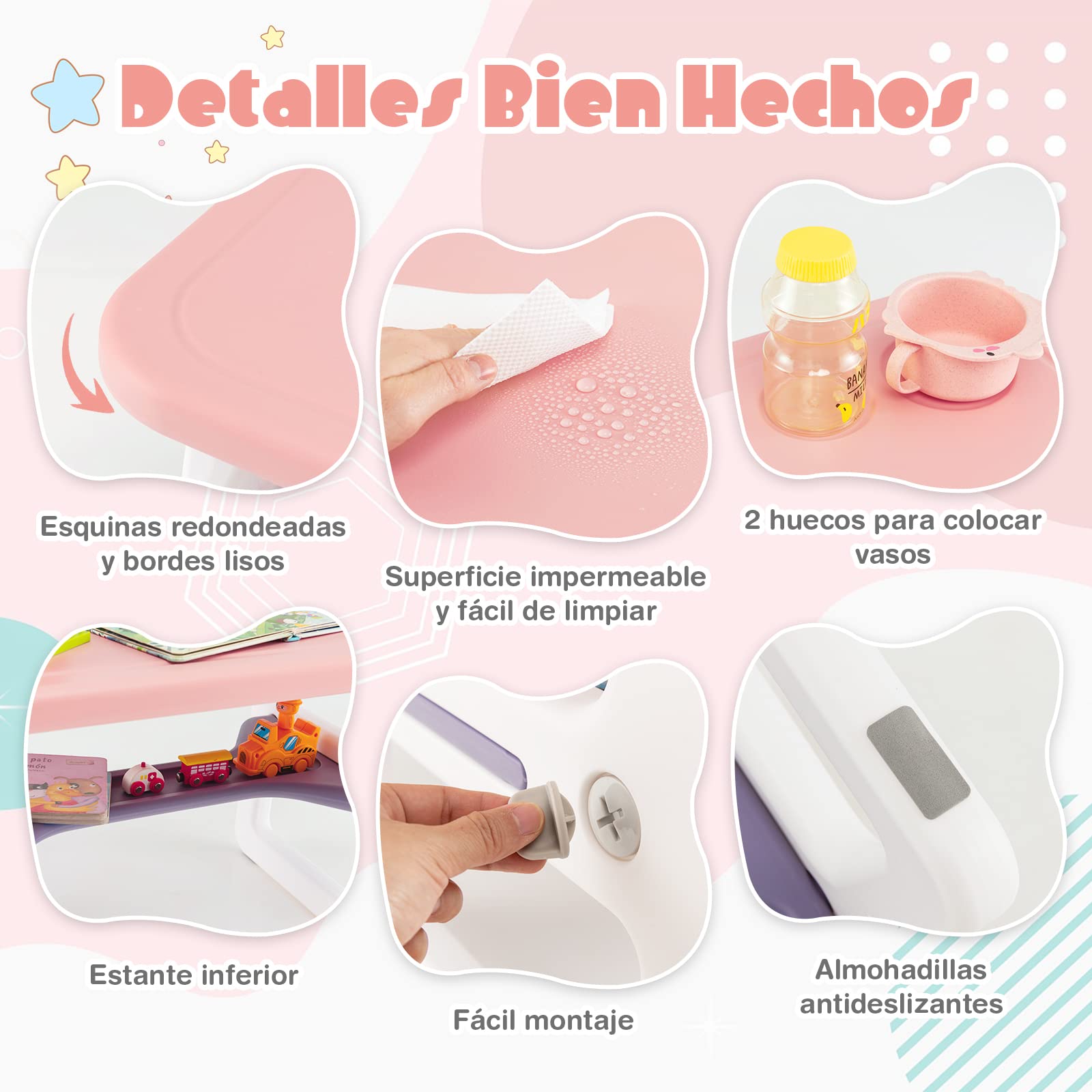 COSTWAY Juego de Mesa y Sillas para Niños, Juego de Escritorio Infantil para Leer, Dibujar, Escribir, Juego de Mesapara Interior con Estante de Almacenaje para Niños de 1 a 5 Años (Rosa y Morado)