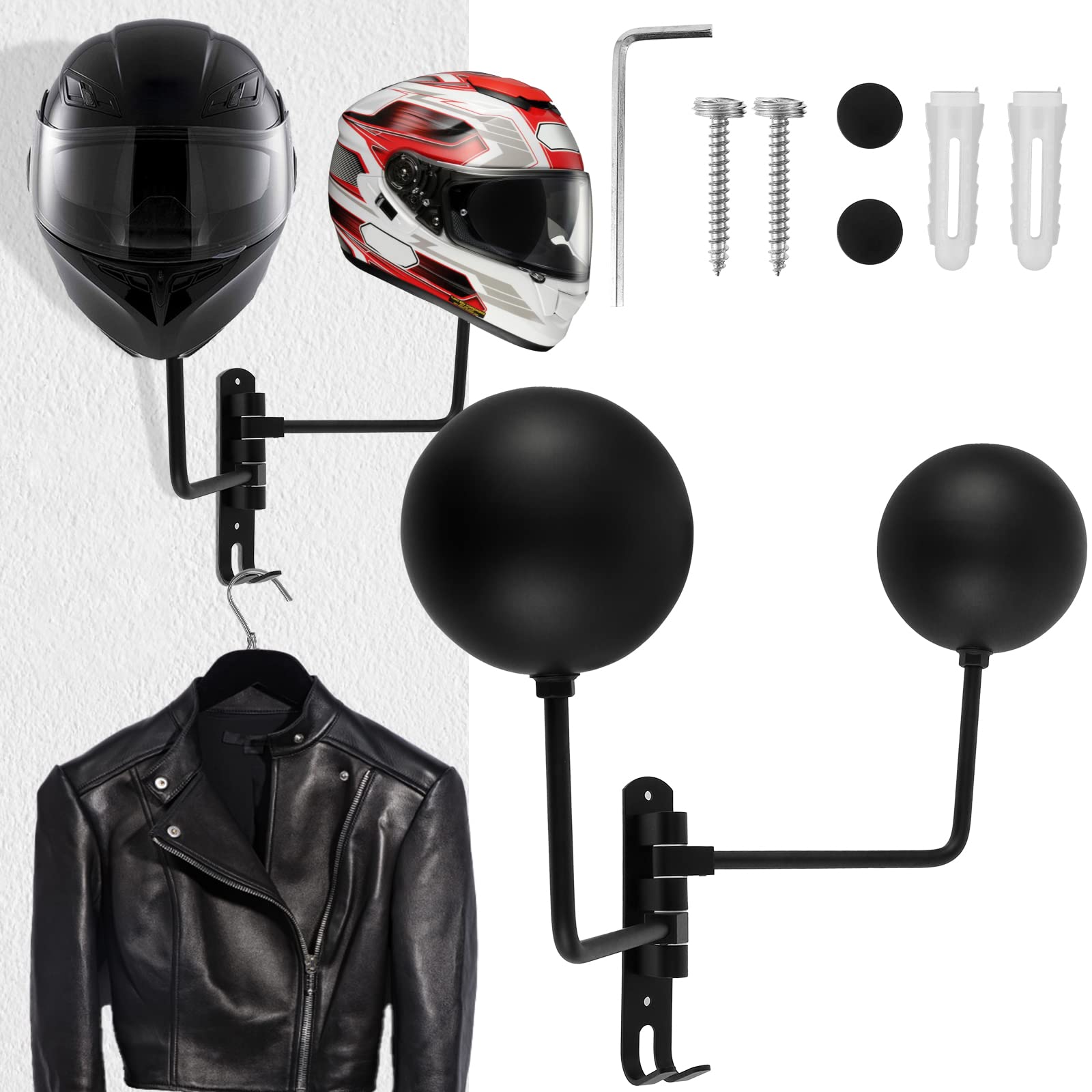 Support Mural Porte-Casque Moto Rotation 180° – Double Boule & Crochet, En Aluminium Premium, Idéal Casque Moto, Vélo, Baseball – Design Moderne & Gain De Place