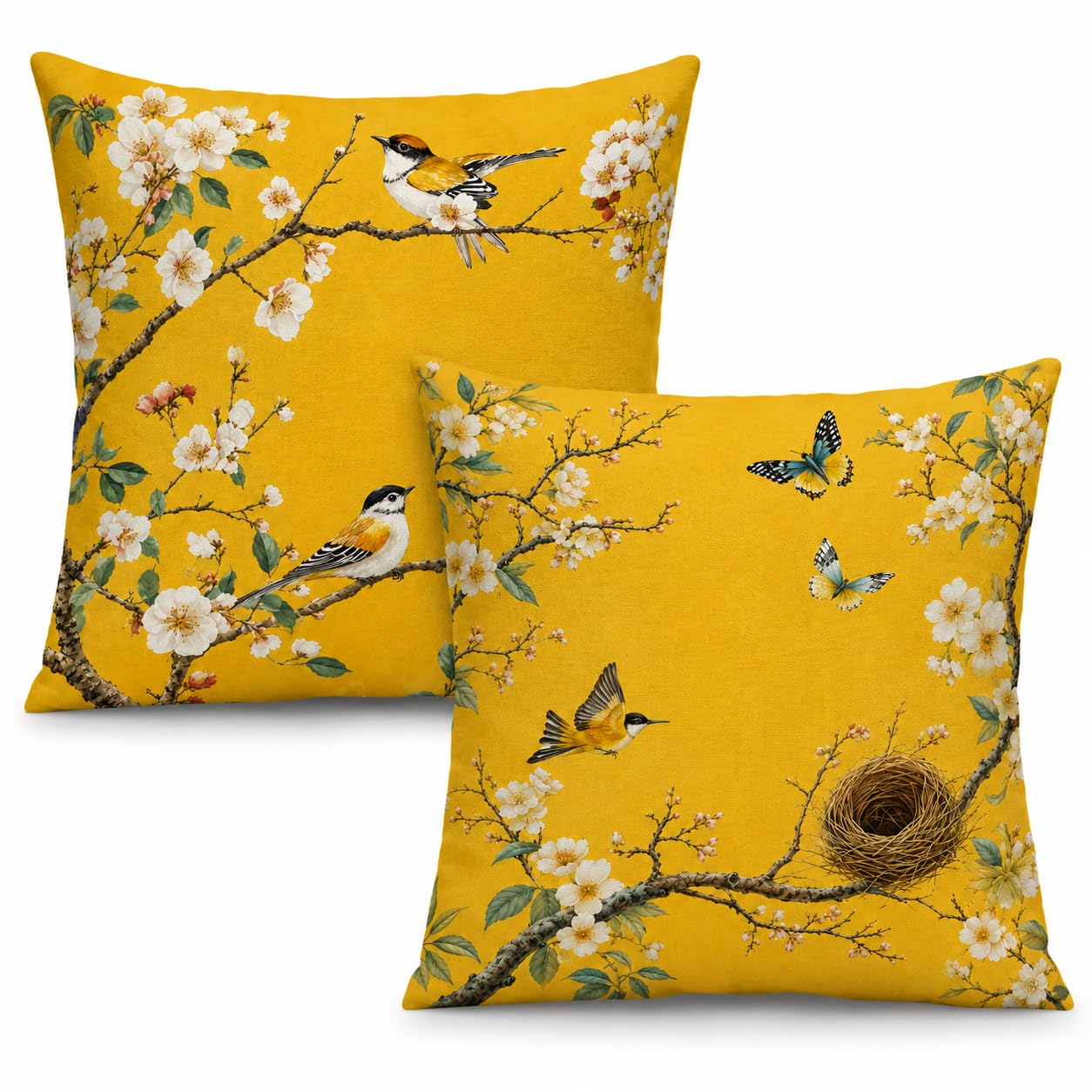 Gemdoit Yellow Bird Cushion Covers 45x45cm Pack of 2, Decorative Throw Pillow Covers with Blossom Branch and Nest Print, Square Sofa Cushion Covers for Living Room Bedroom Home Decor, 18x18 Inch