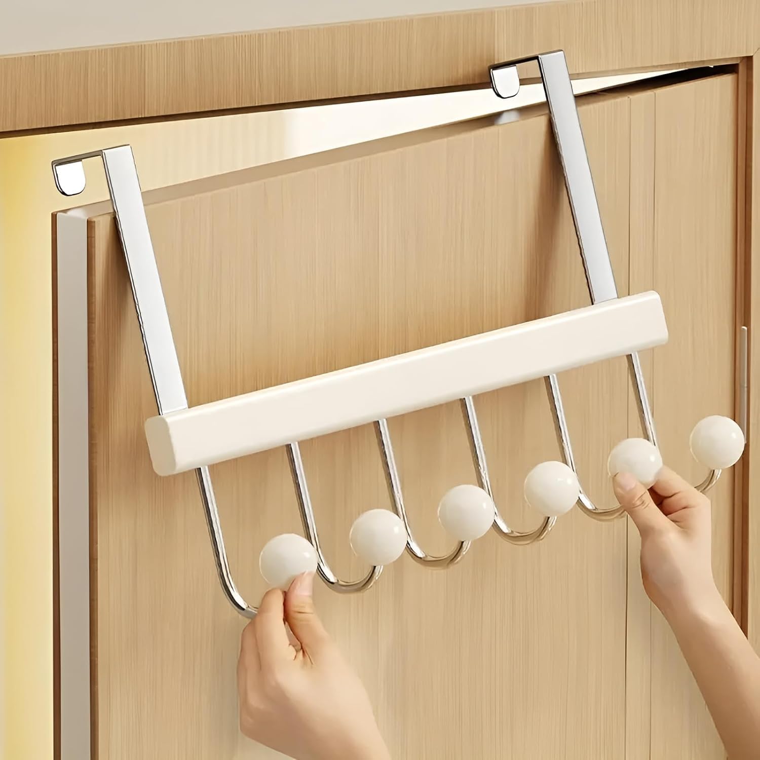 KANISYA Wooden Door Mounted Clothes Hanger with 6 Hooks | Over The Door Organizer Rack for Coats, Bags, Towels, Hats, Space-Saving Hanging Storage for Bedroom, Bathroom, – No Drill Installation 2