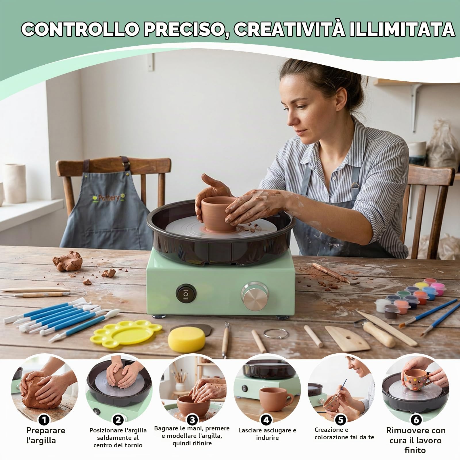 Mini Tornio per Ceramica tornio per ceramica bambini kit ceramica Macchina Elettrica per Ceramica Vassoio Rimovibile， Kit con 25 Strumenti per Scultura，Macchina Ceramica DIY per Principianti