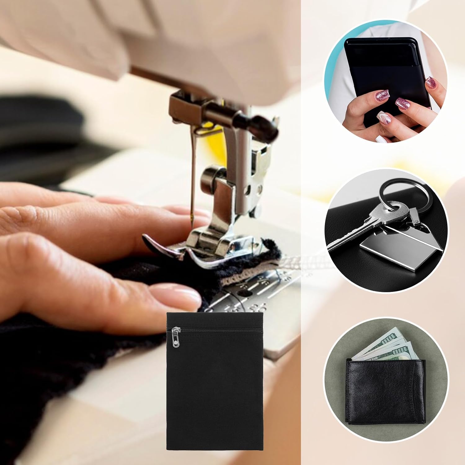 Black Sewing Hidden Pocket with Zipper, Inside Pockets Hidden Travel Wallet Pockets for Coat with Sewing Wire, Inside Pocket for Jacket, Hoodie, Sweatshirt, Puffer