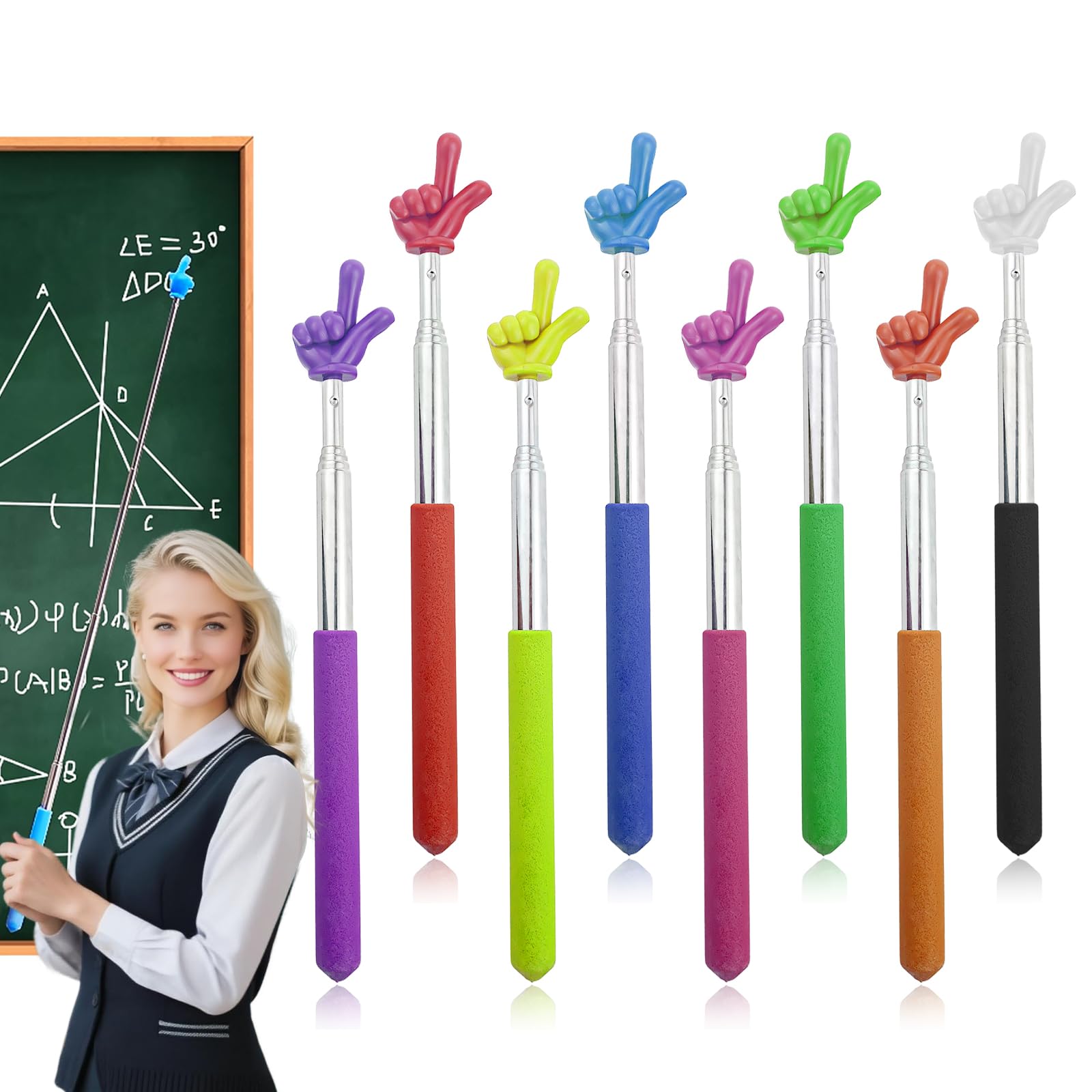 Finger Pointer Stick - Telescopic Teacher Pointer Handheld for Classroom, Retractable Pointer Finger Tool, 8-Pack Multicolor (Teacher Supplies)