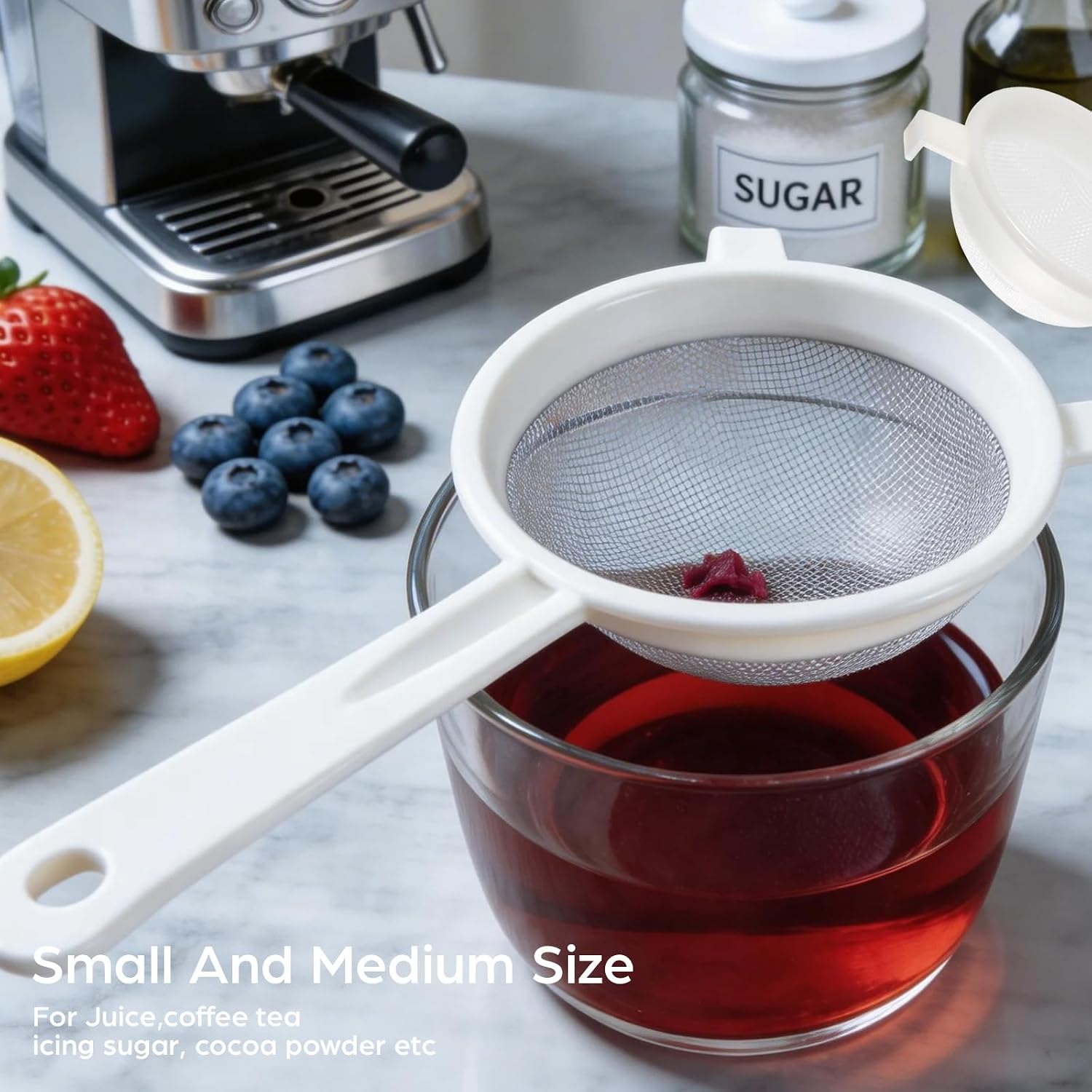4 Pcs Plastic Nylon Mesh Strainer Colander with Handle Double Ear Fine Food Mesh Strainer Flour Sifter for Baking Colander Sifter Tea Juice Pasta(3 Inch, 3.7 Inch,4.5 Inch,6 Inch)