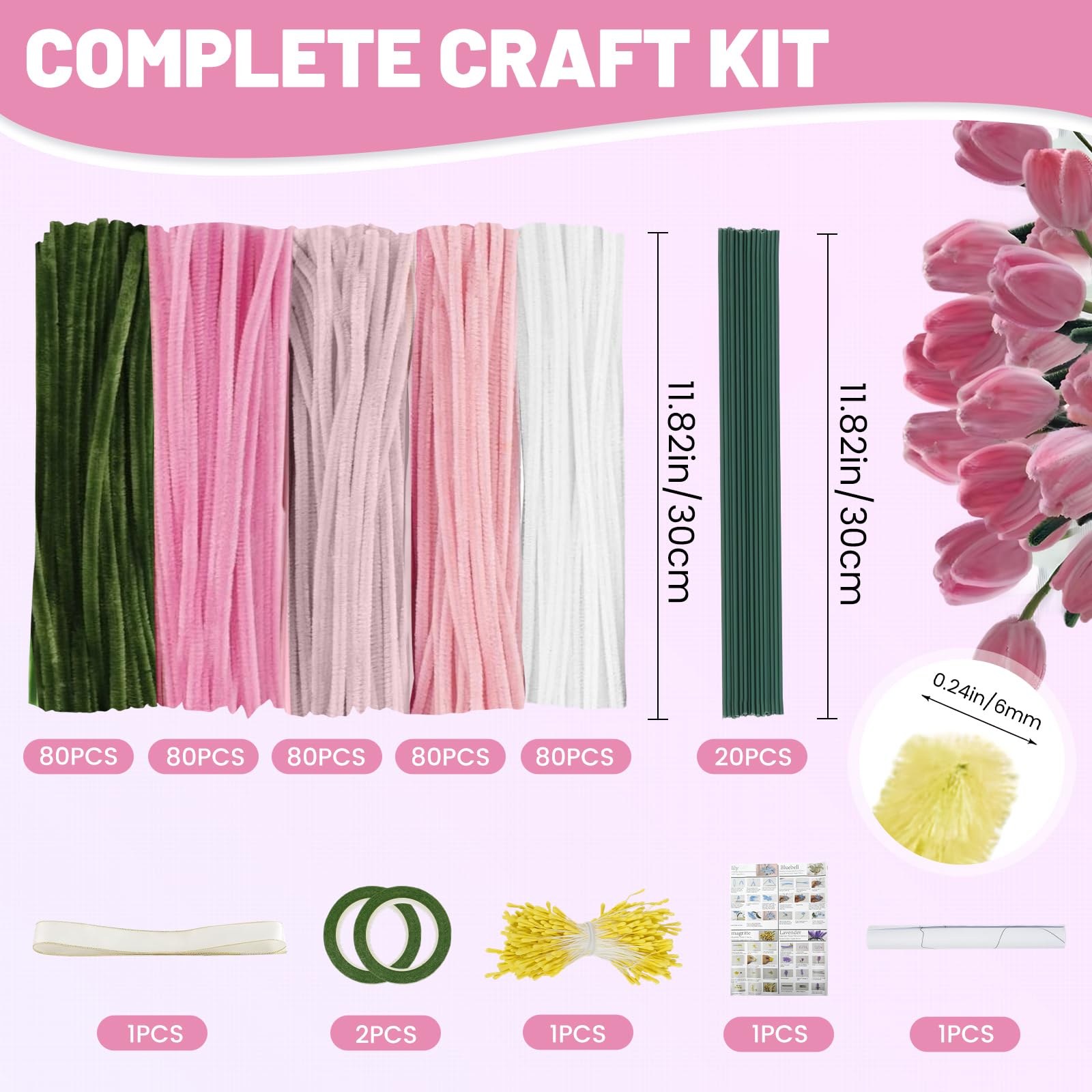 400 Pcs Pipe Cleaner Flower kit with Wrapping Paper, 5 Colors Pipe Cleaners Craft, Chenille Stems Flowers Craft kit with Flower Stems, Floral Tape, Stamen, Ribbon (Pink)