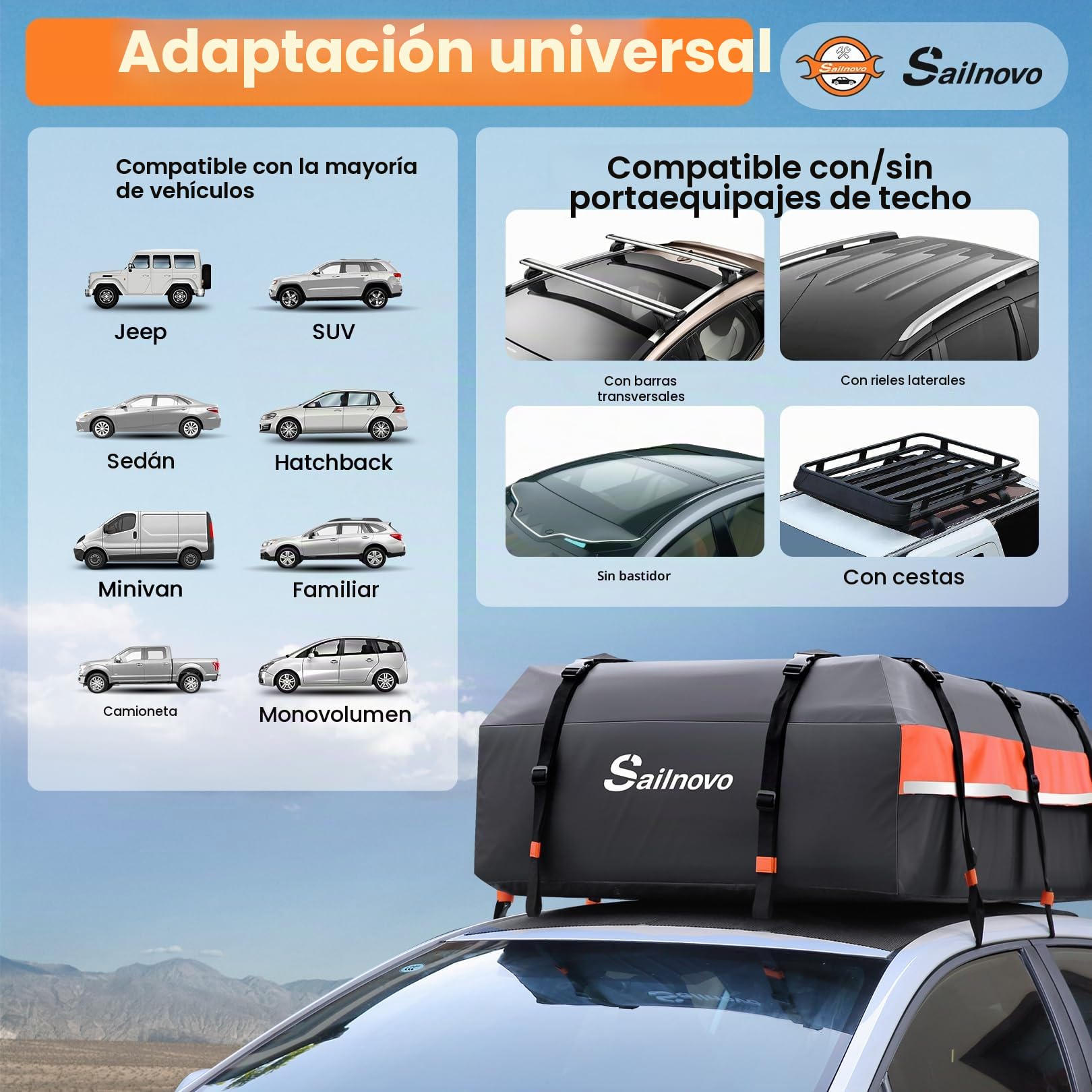 Sailnovo Cofre de Techo para Coche Impermeable y Resistente a la Intemperie, Bolsa de Techo para Viaje con Alfombrilla Antideslizante, 6 Ganchos de Puerta y Candado de Combinación, 595L, PVC 1000D