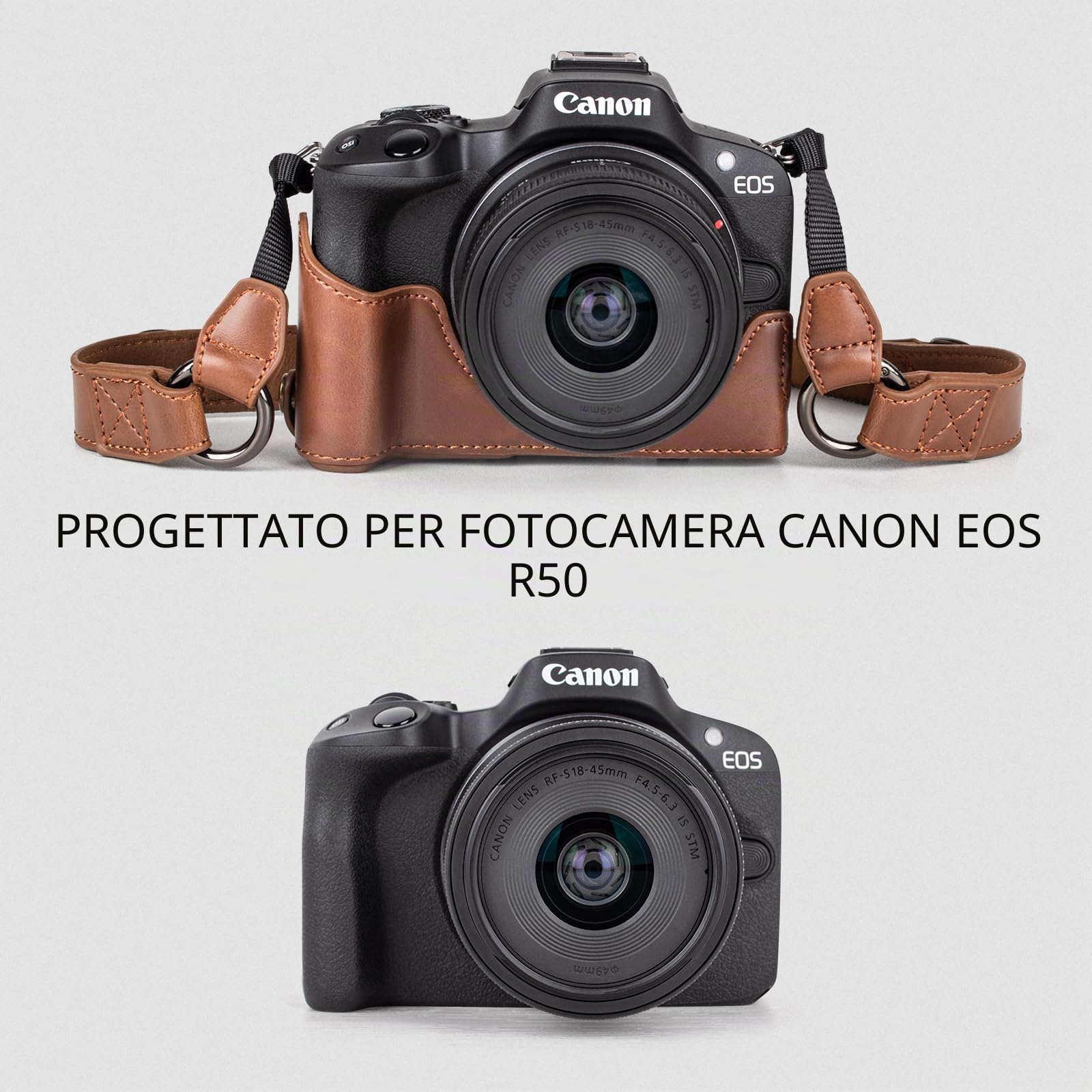 MUZIRI KINOKOO Custodia Protettivo per Canon EOS R50/R100 Fotocamera, Custodia in Pelle PU retrò per EOS R50 EOS R100 DSLR, Apertura inferiore Custodia con Tracolla e Tasca Portaoggetti - Caffè