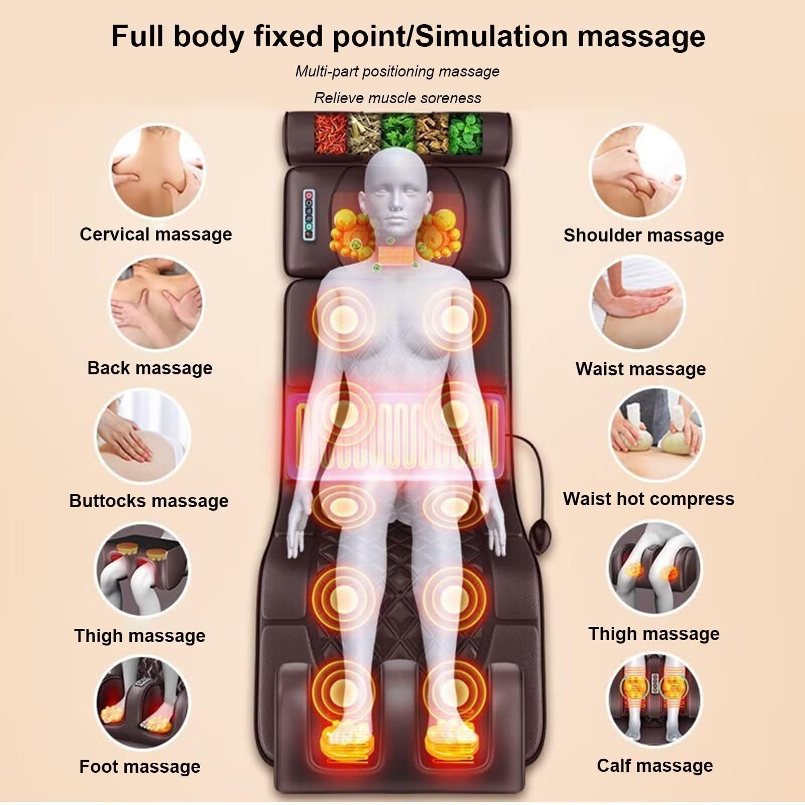 Alfombrilla De Masaje De Cuerpo Completo, Colchoneta De Masaje Vibratorio | Colchón de masaje corporal multifuncional y ajustable para espalda, cuello, piernas y pies; ideal para el hogar o la oficina.