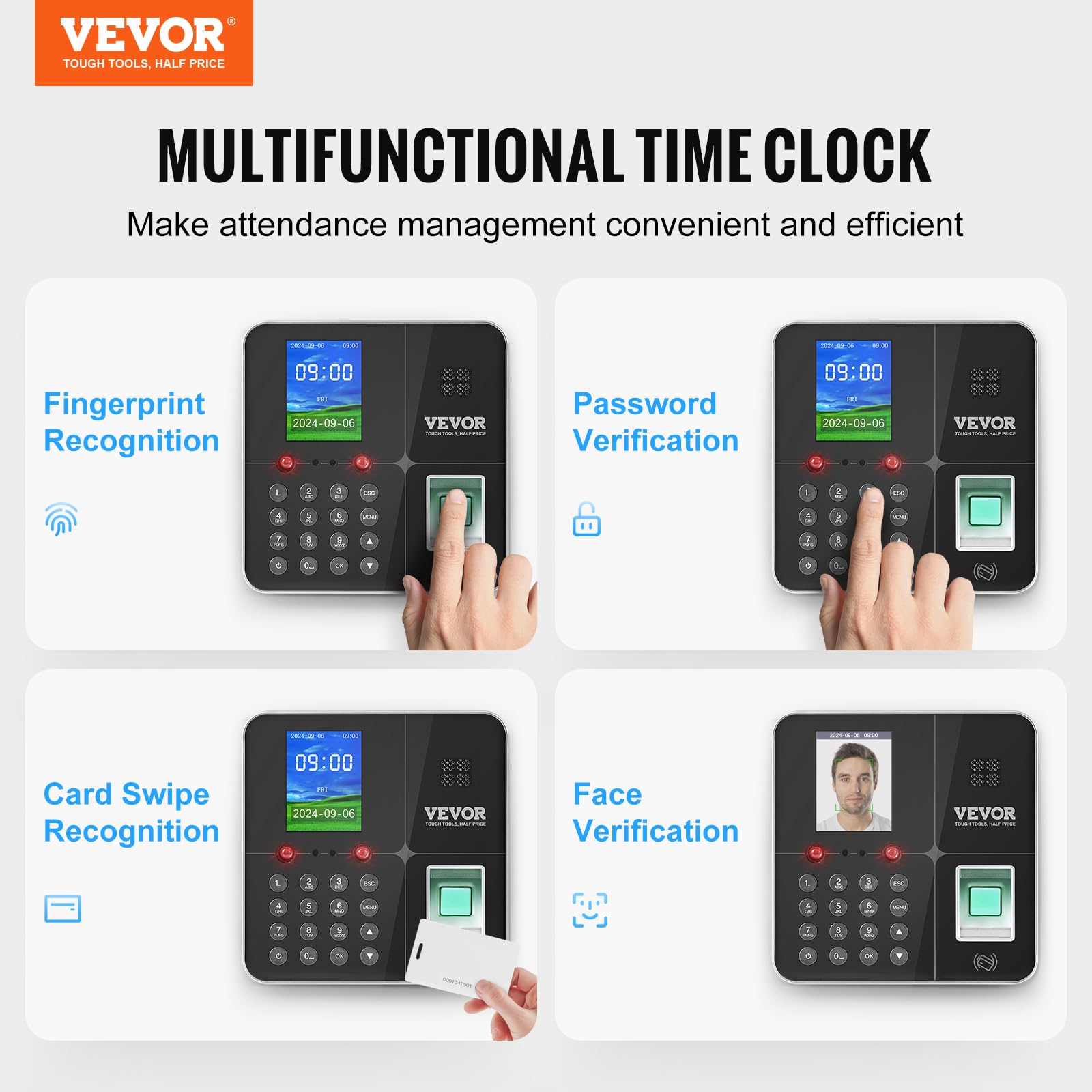 VEVOR Macchina Biometrica per Rilevazione delle Presenze dei Dipendenti con riconoscimento facciale, Impronta Digitale, Carte RFID e Immissione PIN, Orologio Biometrico Indipendente, Supporta 5 Lingue