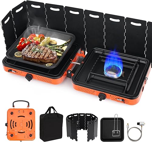 Estufa de campamento de doble quemador con bolsa de transporte y protector contra el viento, estufa portátil plegable para campamento, estufa de