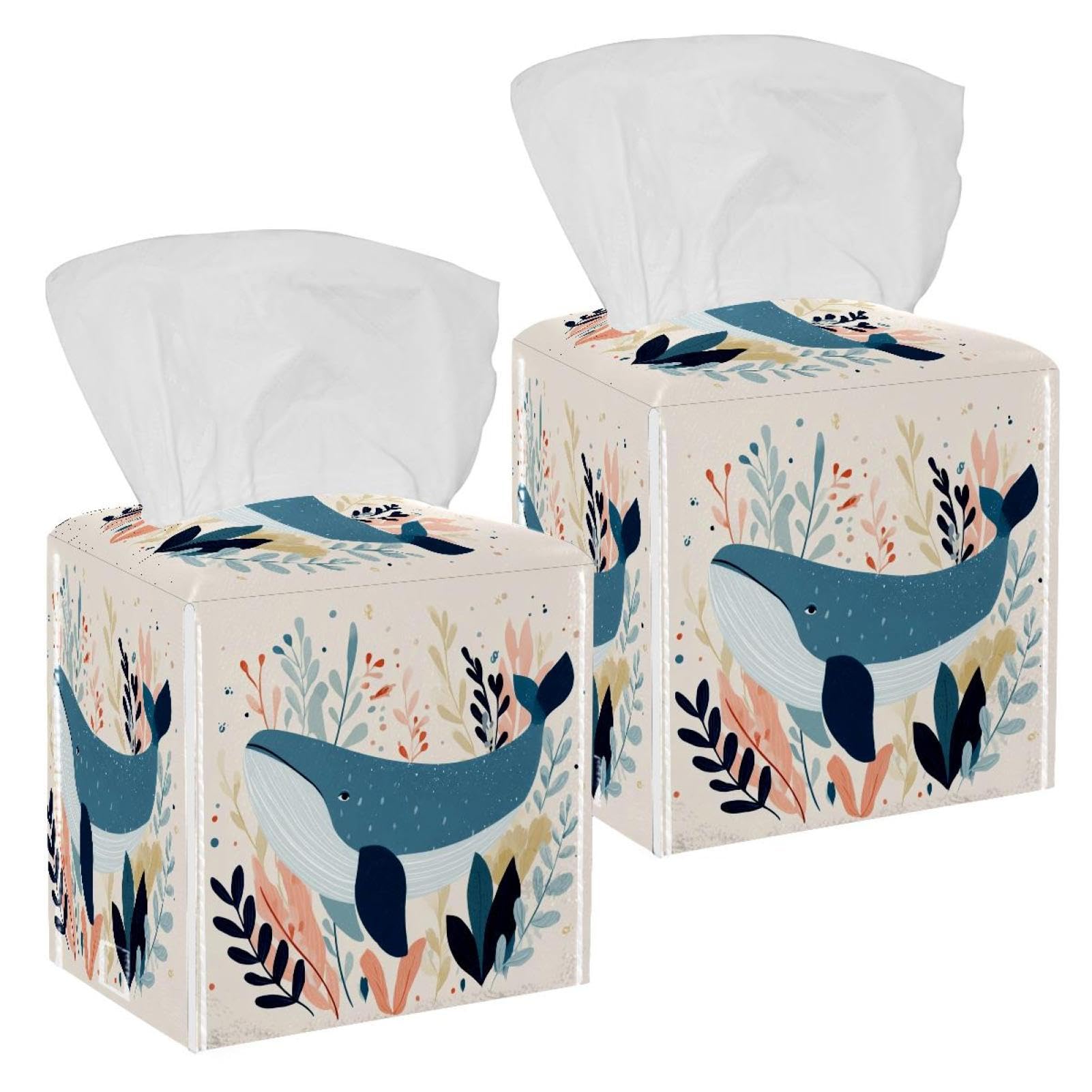 Whale Tissue Box Cover, 2 Pack PU Leather Square Facial Tissue Dispenser Box holder for Home Office Car