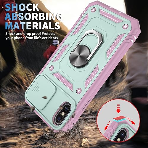 Miniatura 5 de Fetrim Funda para iPhone X, Funda de teléfono con soporte de anillo de rotación para Apple iPhone XXS - Verde Rosa