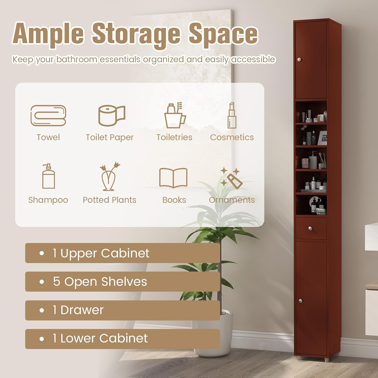 Tall Bathroom Storage Cabinet, 71’’ Slim Linen Tower Organizer with 2 Doors, 5 Adjustable Shelves & 1 Drawer, Narrow Floor Freestanding Bathroom Cabinet for Small Spaces (Brown)