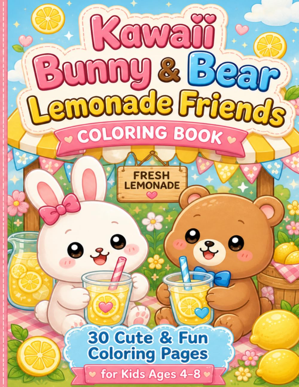 Kawaii Bunny & Bear Lemonade Friends Coloring Book: 30 Cute & Fun Coloring Pages for Kids Ages 4–8