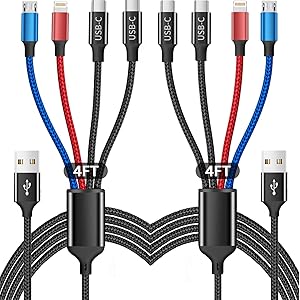 Multi Charging Cable(2Pack 4FT), 4 in 1 Charger Cable Nylon Braided Multiple USB Cable Universal Phone Charging Cord with Type-C, Micro USB, IP Port for iPhone16/15 Series/Cell Phones and More
