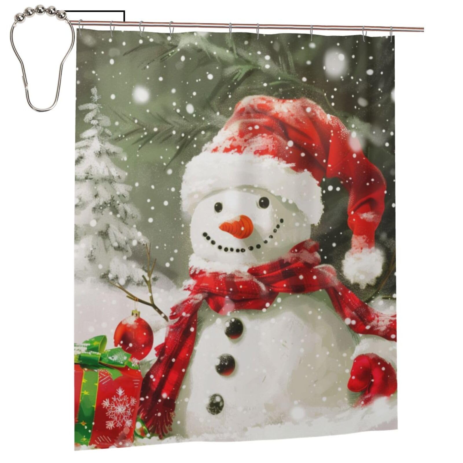 BWWHCCTI Merry Christmas With Happy Snowman Printed Shower Curtain With 12 Iron Hooks Opaque Quick Drying Waterproof Shower Curtains Sets For Bathroom 152x183 Cm