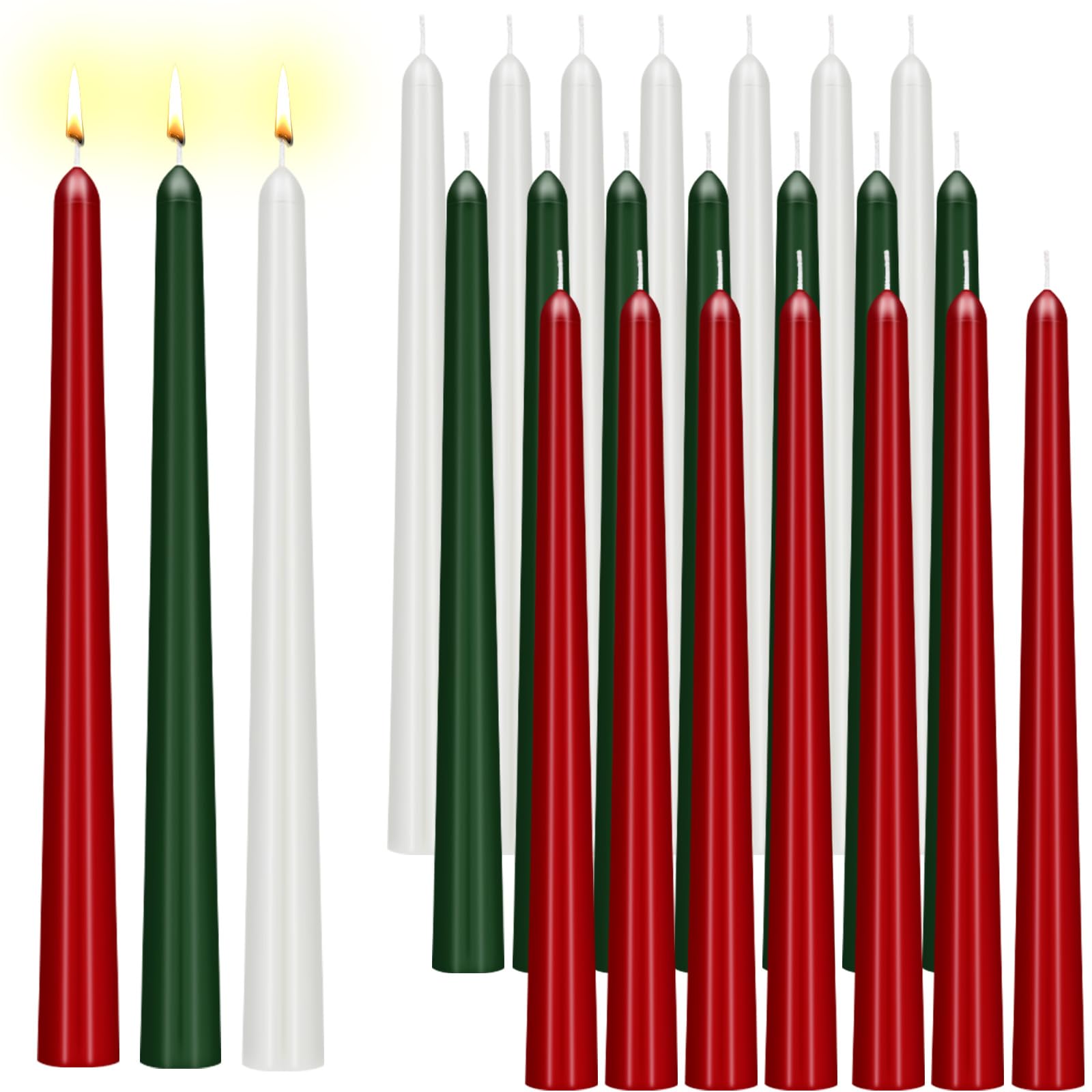 MTLEE 24 Pcs Christmas Candles 10 Inch Taper Candles Dripless Unscented Smokeless Green and White Red Candlesticks for Wedding Christmas Holiday Dinner Home Decor, 9 Hr Burn