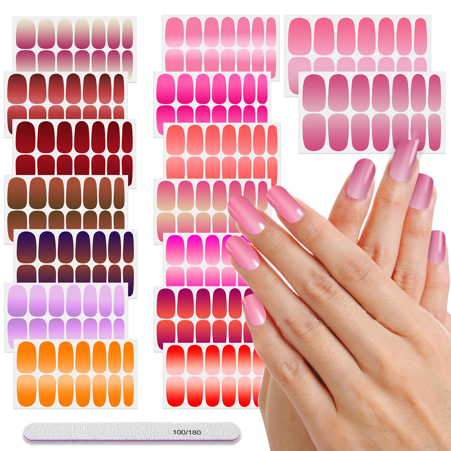 DANNEASY 16 Sheets Gradient Color Nail Polish Stickers Full Nail Wraps Stick on Nail Polish Strips Self Adhesive Gel Fingernail Stickers for Women