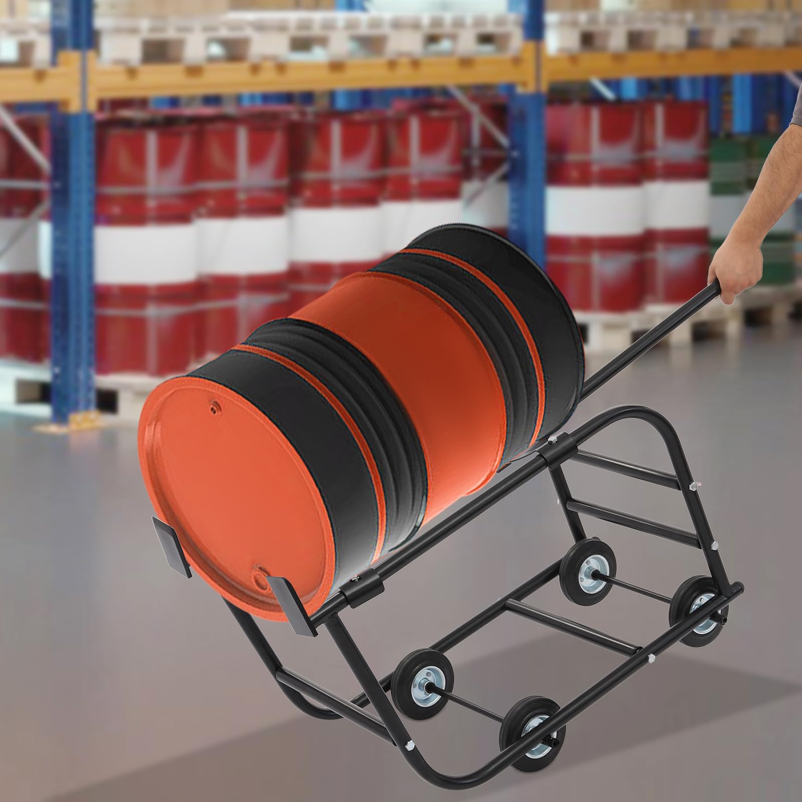 Carrello per fusto industriale,Supporto per fusto a ruote 55 galloni,Manution Barile Olio, Acciaio Robusto, Carico 600lbs, Spostamento Officina Garage Magazzino,110x43.5x52.7cm,Nero