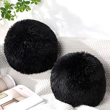 2 Pack Plush Round Ball Throw Pillow 10 Inch Nordic Soft Boucle Pillows Spherical Fuzzy Pillows Circle for Couch Sofa Bed Bedroom Living Room Office School Chair DecorationsBlack