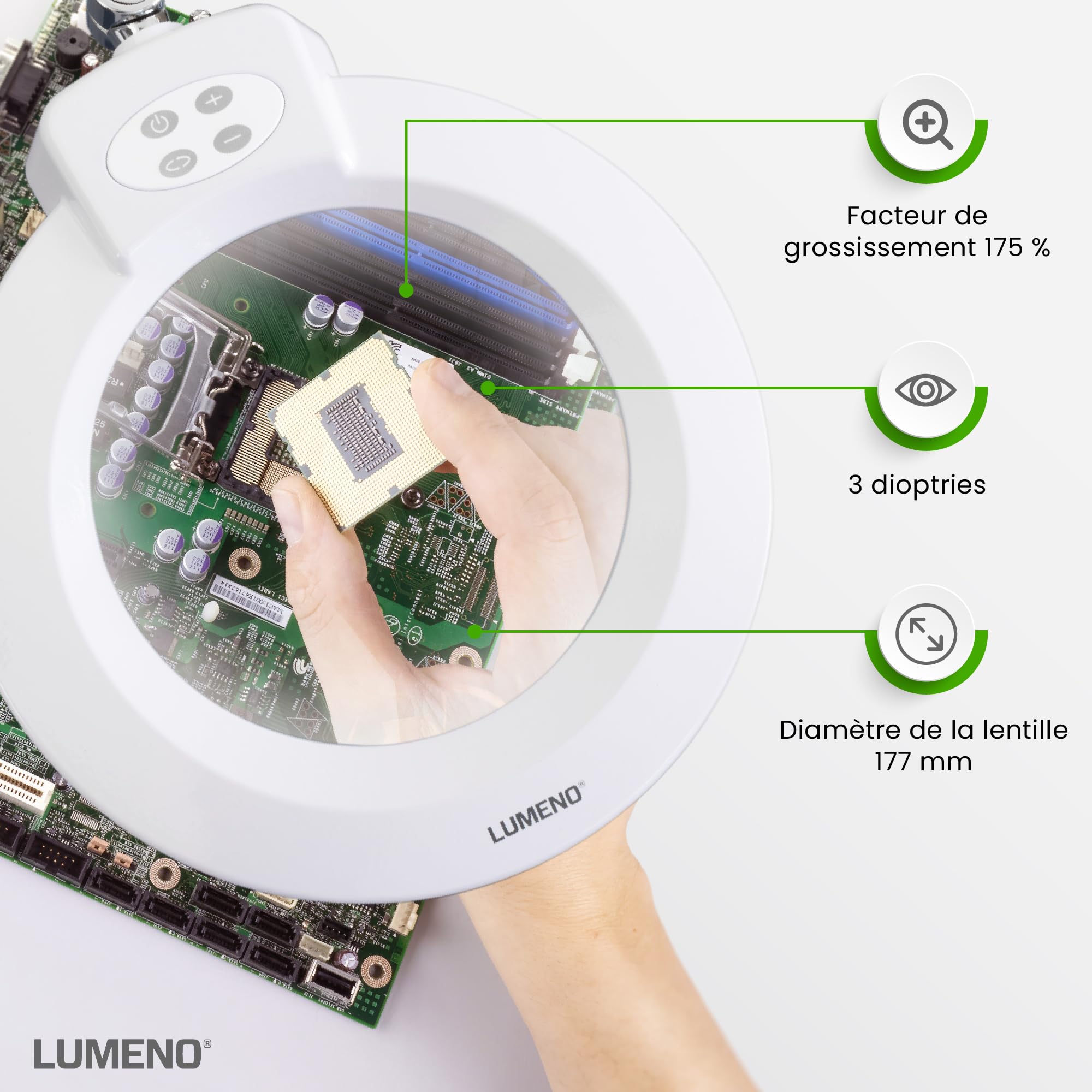 Lumeno 8243PRO Lampe loupe LED avec grande lentille en verre 177 mm, dimmable avec interrupteur à segments et boîtier métallique robuste, pour les travaux manuels, le cabinet de pédicure, 3 dioptries