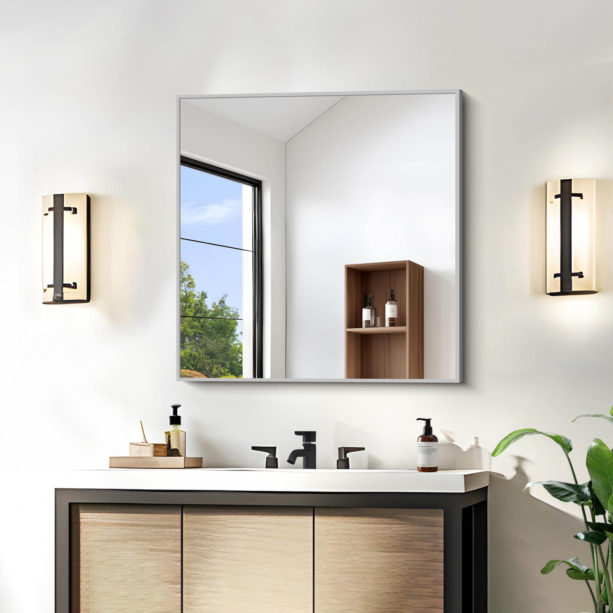 KOCUUY Silver Framed Mirror, 24"x24" Square Bathroom Mirror for Wall, HD Tempered Glass, Anti-Rust Frame, Modern Design for Bathroom, Bedroom, Living Room, Entryway — image 1