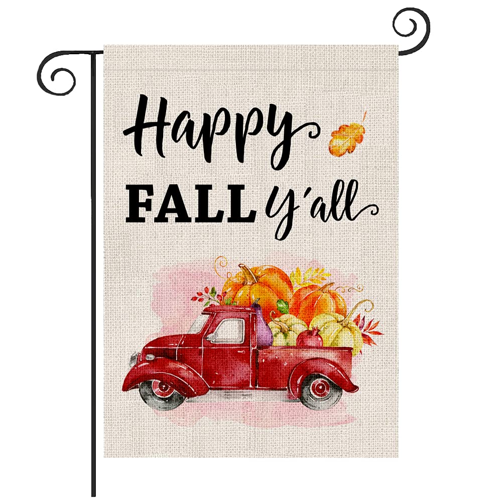 PARTY BUZZ Happy Fall Yall Garden Flag Pumpkin Harvest Truck (12.5 x 18, Double Sided) Southern Autumn Yard Lawn Decor Decoration