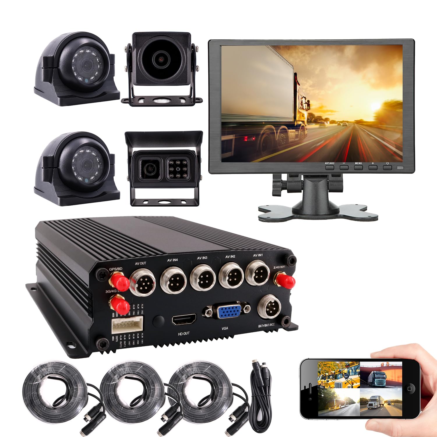 JOINLGO 4CH GPS 4G WiFi 1080P Mobile Vehicle Car DVR MDVR Audio and Video Recorder Kit Remote Live View on Phone and PC 10inch HD Screen 4 Side Front Rear View Car Cameras for Truck Bus RV