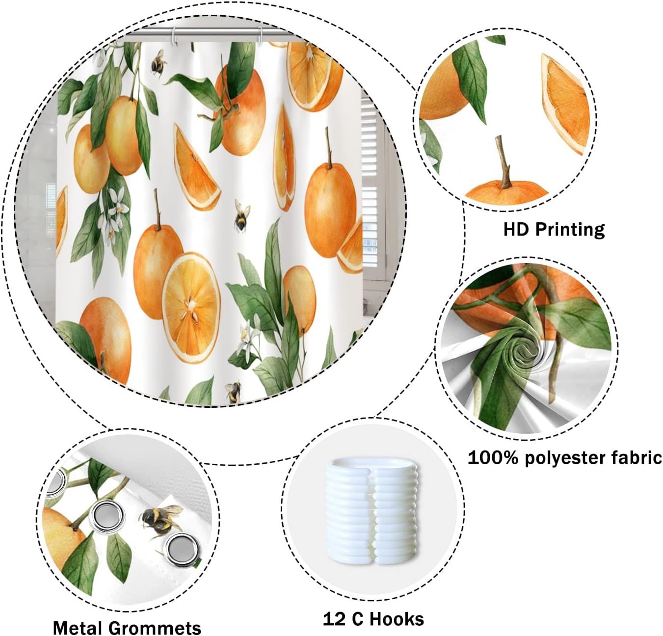 Oranges Shower Curtain for Bathroom Summer Tropical Fruits Colorful Fresh Shower Curtain Waterproof Durable Fabric Modern Artistic Home Decor Shower Curtain with Hooks, 72x72 Inch