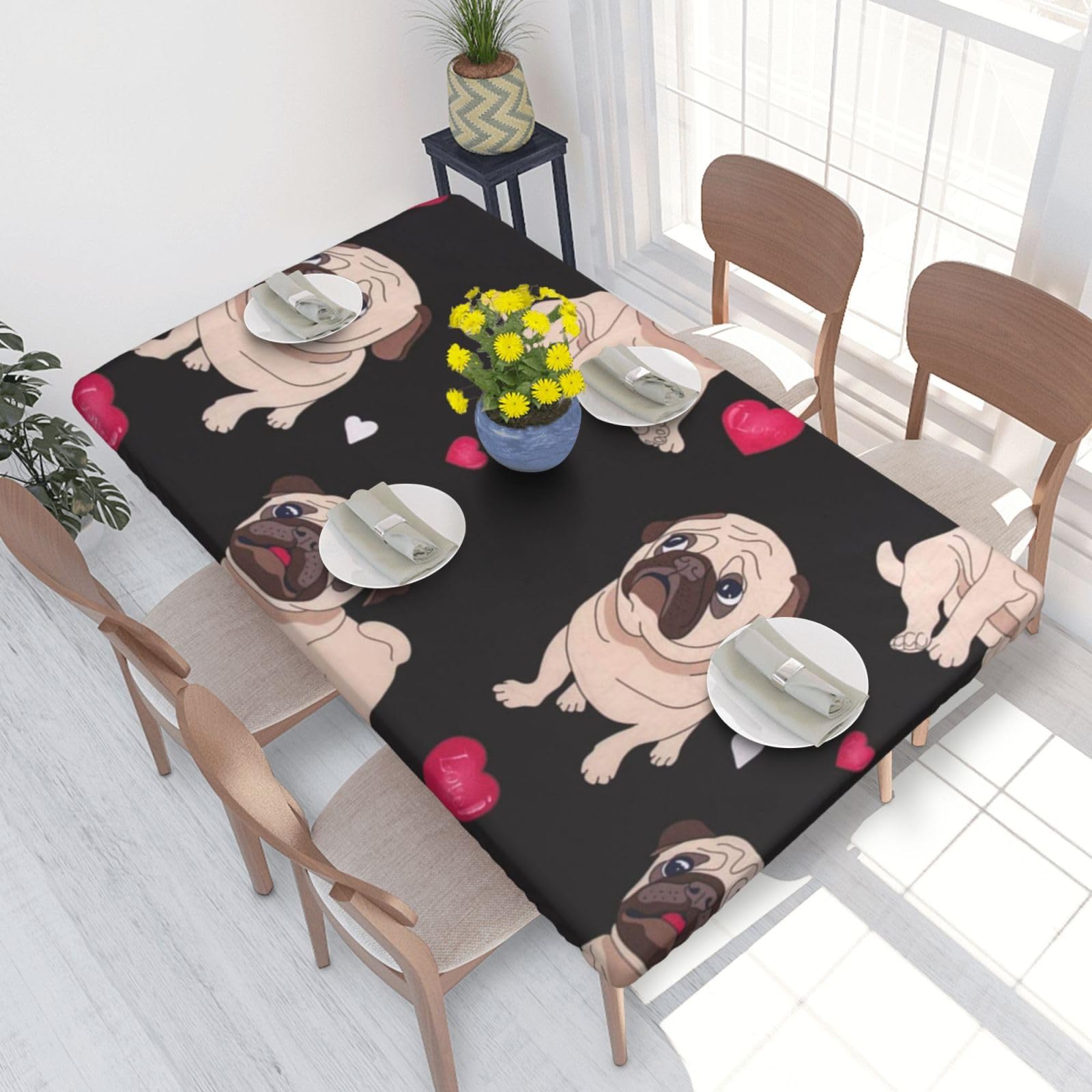 BNVSADC Cute Pug Printed 4FT Tablecloth 122x76 CM Polyester Kitchen Water Resistant Table Cloth Dining Table Decoration Table Covers