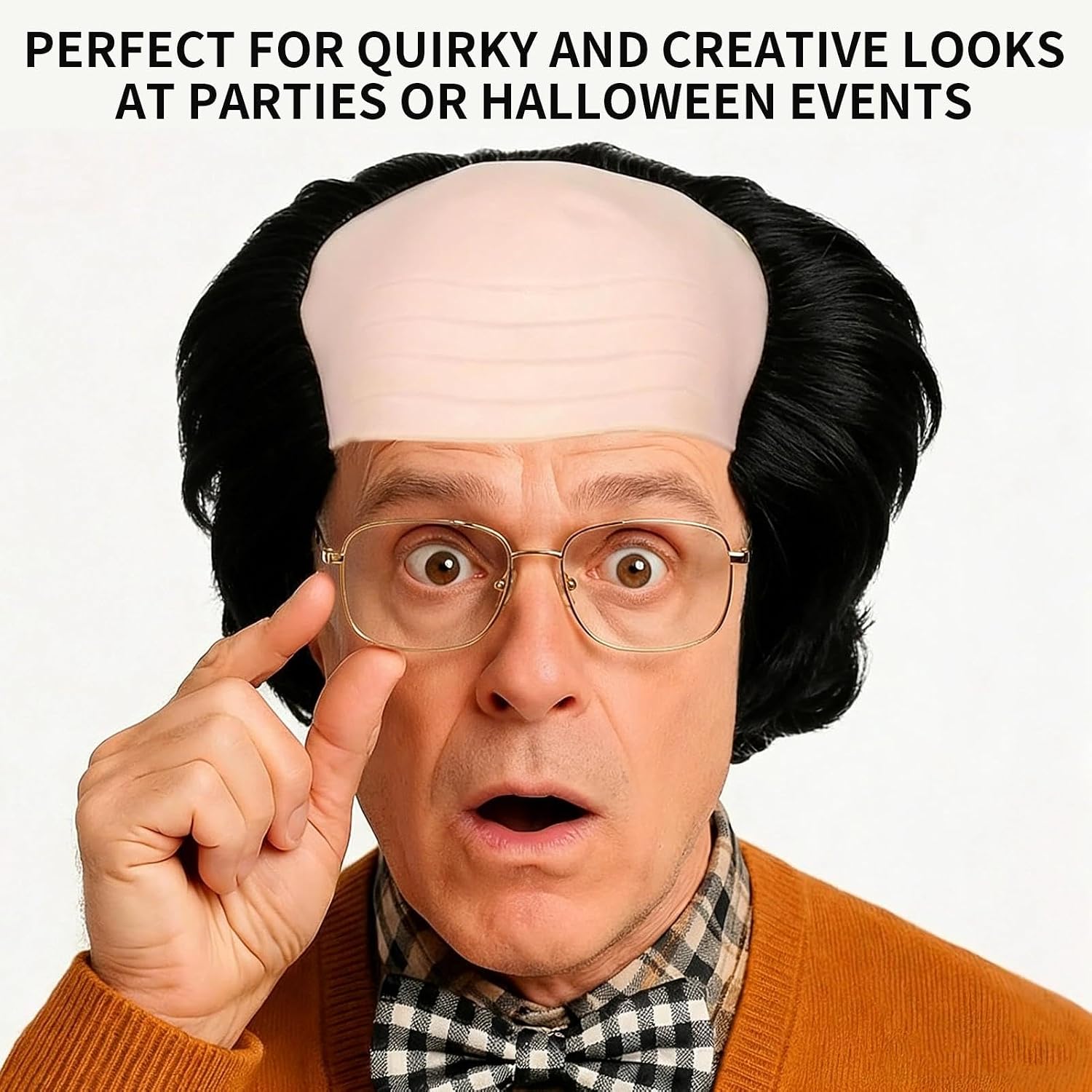 WOZUTUNT Old Man Wig Black Funny Wigs Bald Cap Mens Wig Glasses Set, Short Curly Style, Mad Scientist Costume for Cosplay Party, School Parties, Halloween, Suitable for Adults and Teenagers