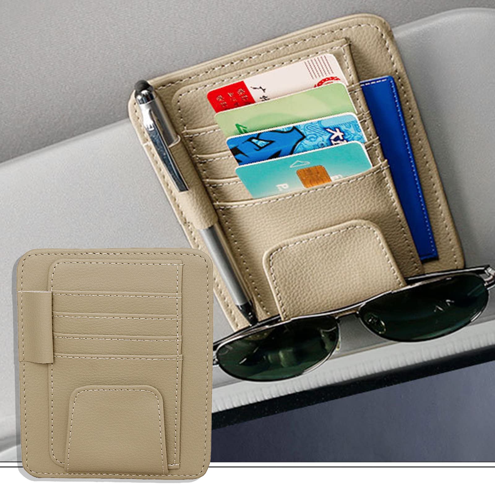Car Visor Organizer | Sun Visor Pouch Case Bag with 5 Storage Pockets | Sun Glasses Holder for Car | Visor Clips Organizer for Pen Invoice Sunglasses| Car Accessories For Visor with Leather（Beige)