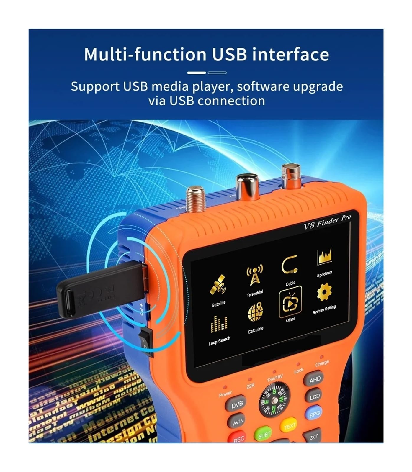 Buscador portátil V8 buscador de satélite DVB-S2/S2X H.264/H.265 Receptor de señal de TV Digital decodificador HD con Pantalla LCD Pantalla LCD