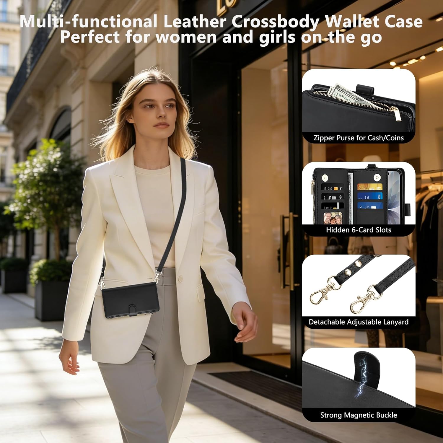 Vofolen for iPhone 17 Case Wallet with Card Holder RFID Blocking Crossbody Strap Leather Flip Heavy Duty Shockproof Protective with Magnetic Clasp Zipper Pocket Metal Ring Wrist Strap Phone Case-Black