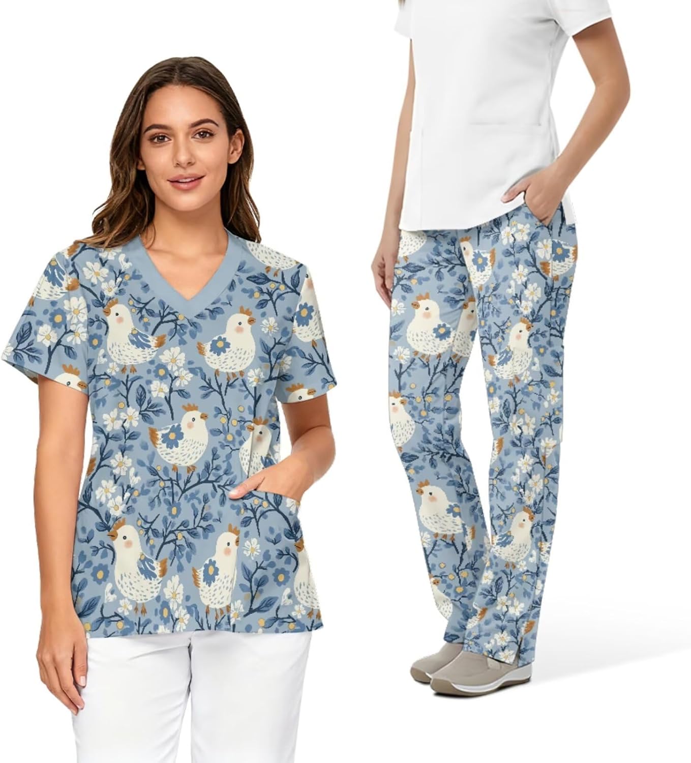 Scrubs Set for Women Printed Stretch V-Neck Scrub Tops with Pants, 6 Pocket Medical Uniform for Nurse Doctor Work