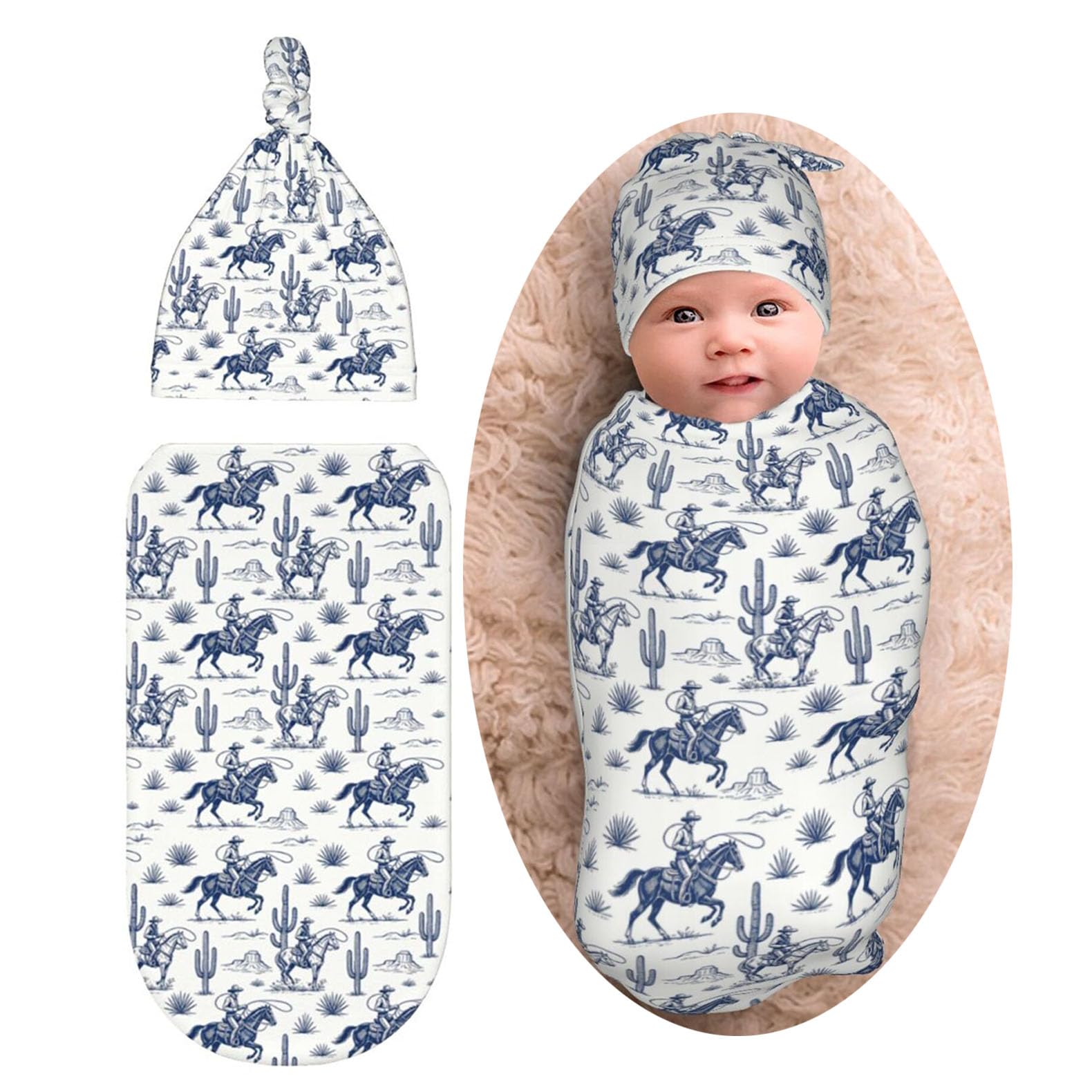 Cowboy Cactus Western Newborn Baby Swaddle Blanket Baby Stuff,with Beanie hat Sets, Soft Gifts for Unisex Boys Girls Shower Infant