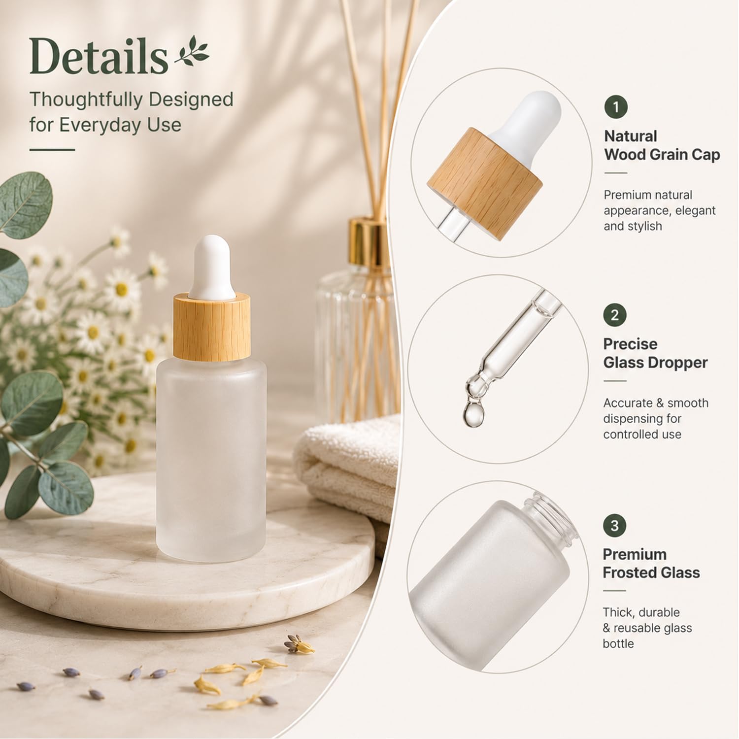 Lot de 12 flacons compte-gouttes en verre dépoli de 30 ml pour huiles essentielles avec bouchons en bois vides avec couvercles en bois pour voyage, maison, magasin