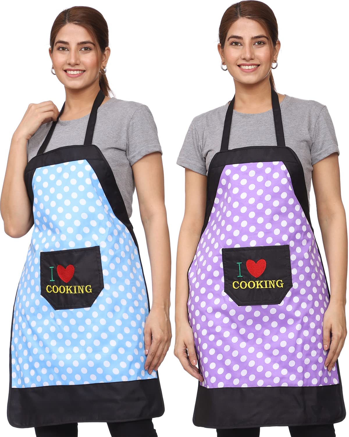 JMI Cotton Dot Four Strip Design Waterproof Apron With Front Multi Purpose Pocket For Kitchen , Cooking , Dusting , Home. (Pack of 2) (MULTI 6)