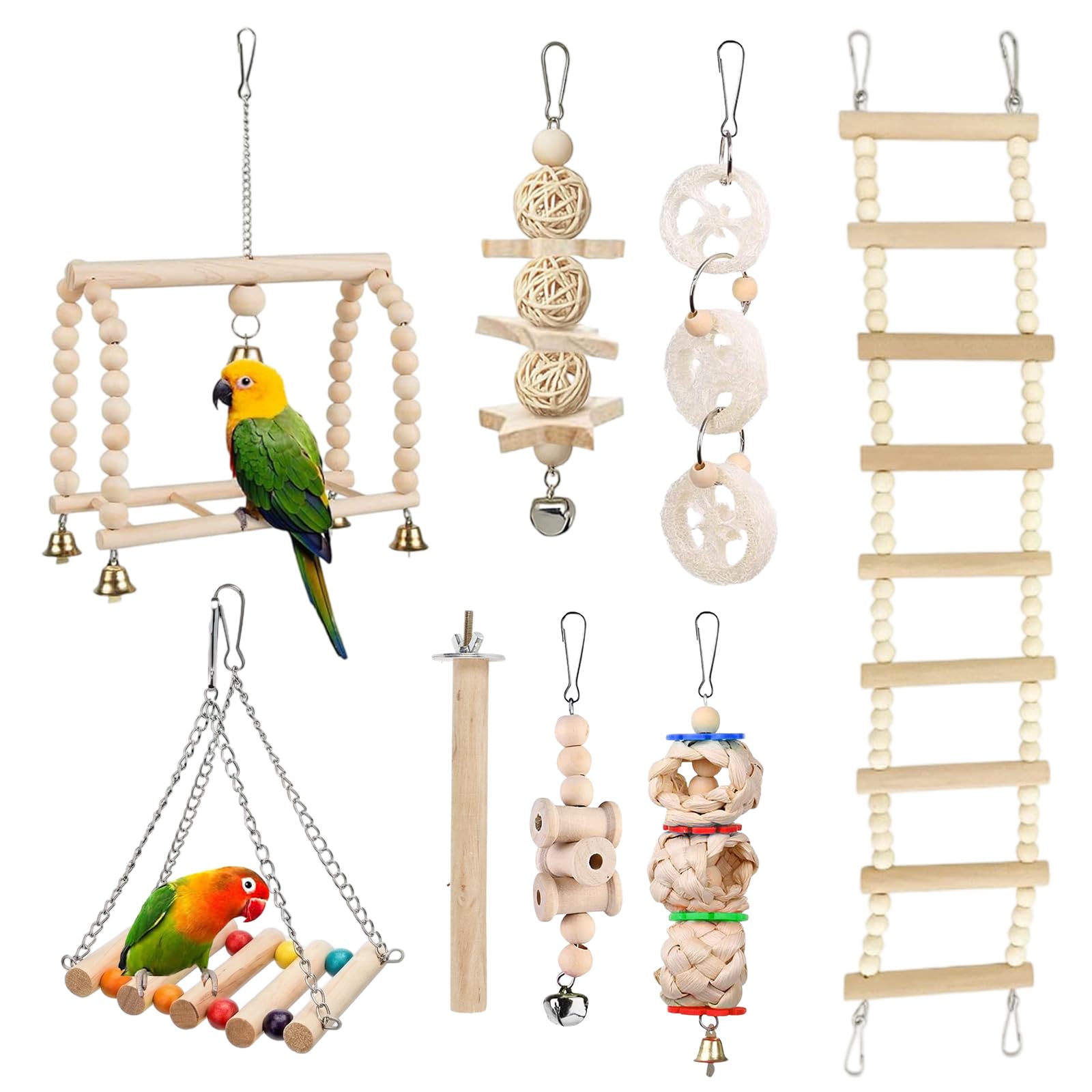 Dexpally 8 Pack Wooden Parrot Toys Budgie Toys Set, Bird Toys for Caged birds with Swing, Chew Toys, Ladder, Hammock, and Bells, budgie swing for Parakeets, Cockatiels, Conures, Lovebirds and More.