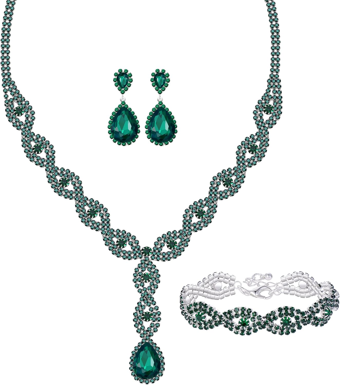 3Pcs/Set Wedding Costume Jewelry Shiny Rhinestone Crystal Teardrop Necklace Link Bracelet Dangle Earrings Jewelry Sets for Women