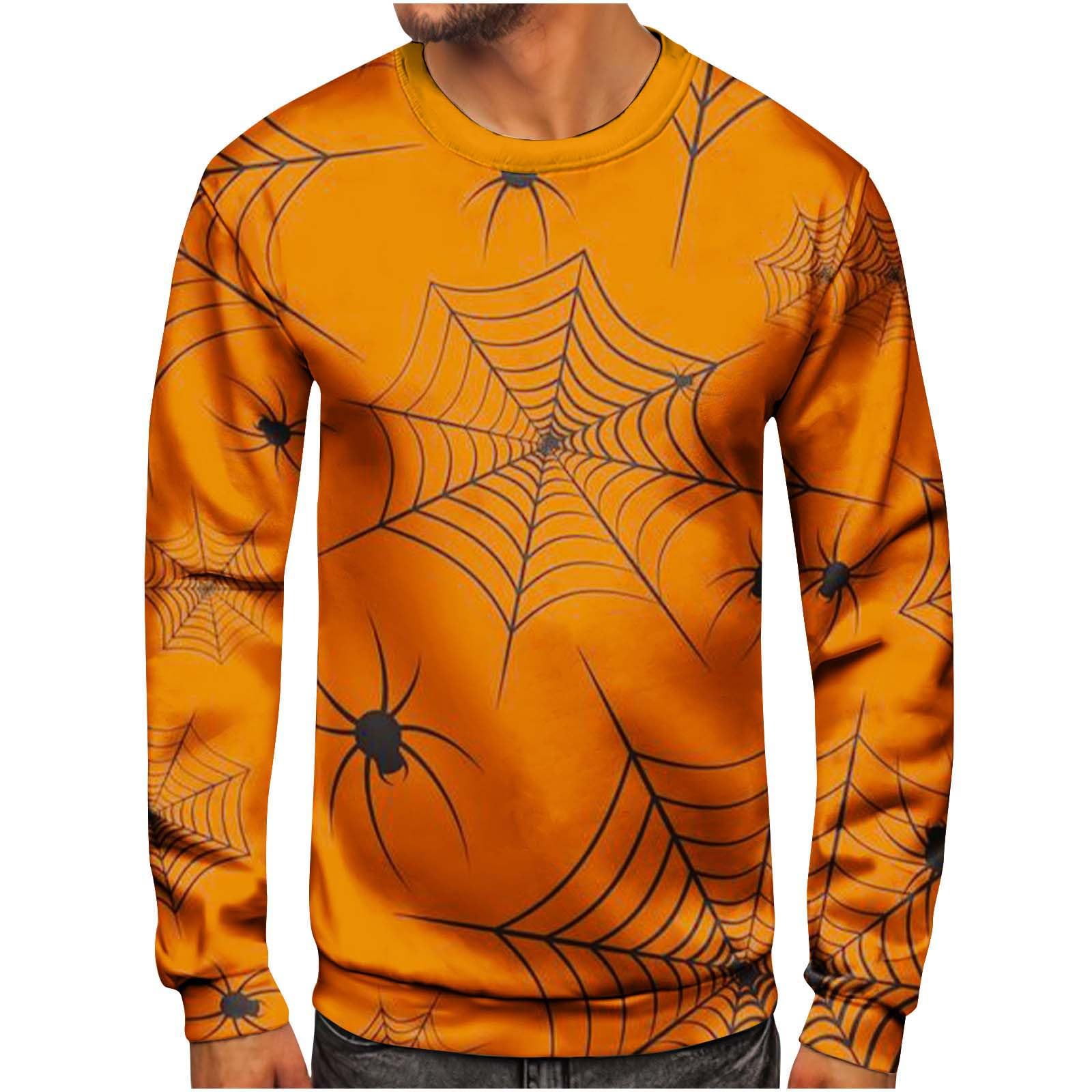 GenericHalloween Shirts for Men Funny Spider Web Printed Long Sleeve Pullover Top Fall Crewneck Sweatshirt Loose Comfy Soft Blouse