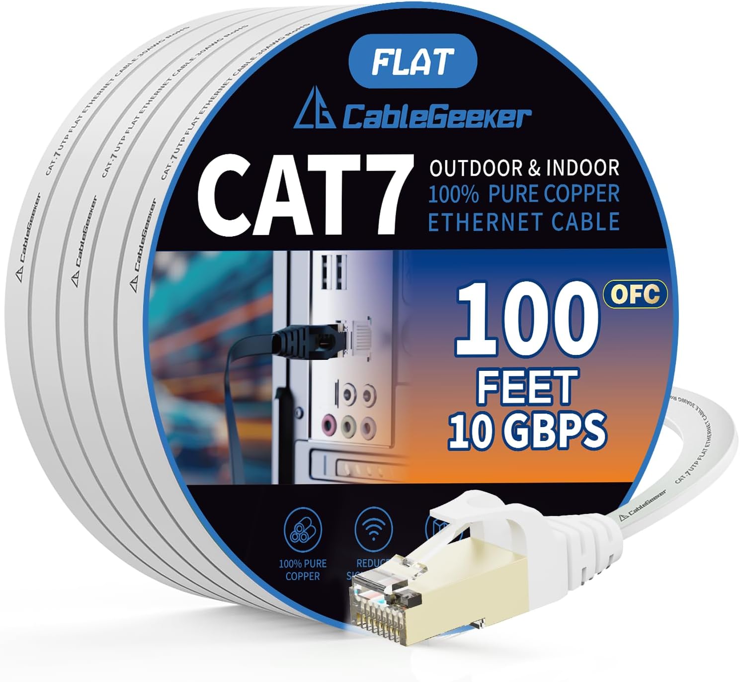 Cat 7 Shielded Ethernet Patch Cable 100 ft White (Highest Speed Cable) Cat7 Flat Internet Network Cables with Snagless RJ45 Connector for Modem, Router, LAN, Computer + Free Clips and Straps