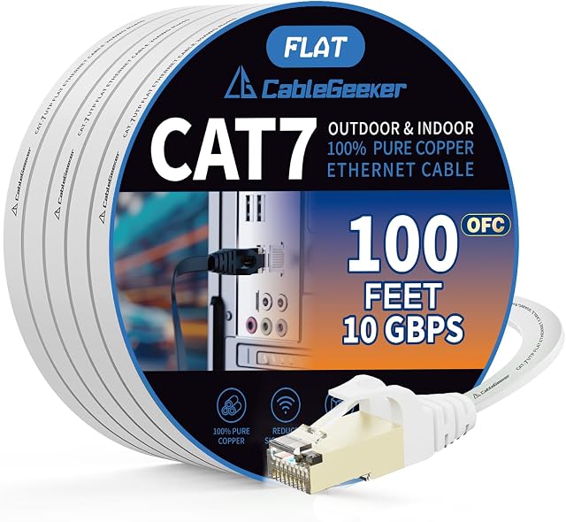 Chat 7 Câble Ethernet blindé 100ft Blanc, Compatible avec Cat5e/Cat6 Réseau, Cat7 Câbles à patch plat, Cord Internet haute vitesse pour modem, routeur, LAN, Ordinateurs, y compris les clips et les pinces
