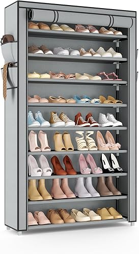 Miniatura 12 de Zapatero con cubierta, organizador estrecho de zapatos con 4 bolsillos laterales, estante de almacenamiento de zapatos de 10 niveles de altura