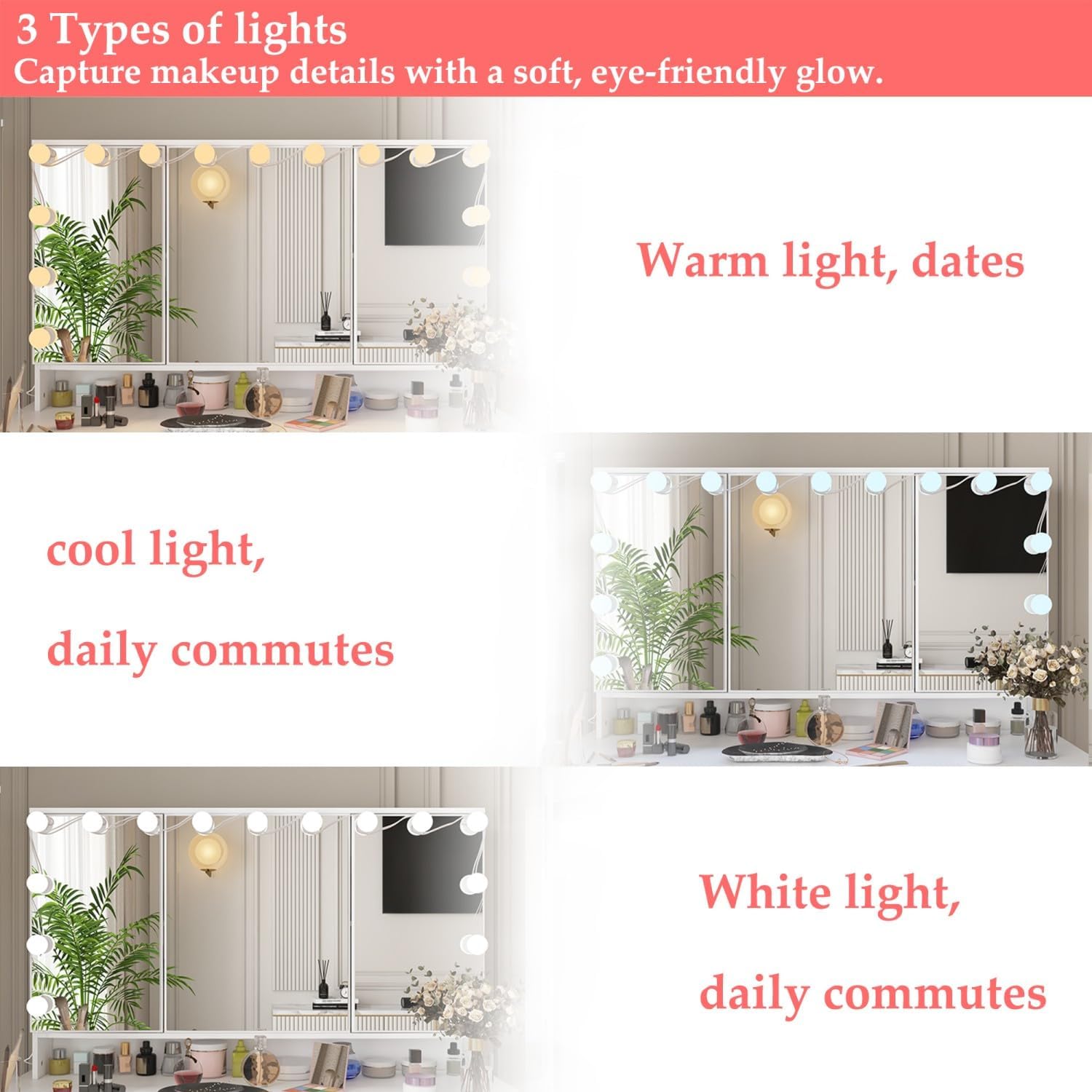 FUFU&GAGA Vanity Desk with Mirror and Bulb Lights, Large Makeup Vanity with 9 Drawers, Modern Dressing Table with Hidden Shelves for Bedroom, White, 43.3”W x 19.7”D x 53.6”H