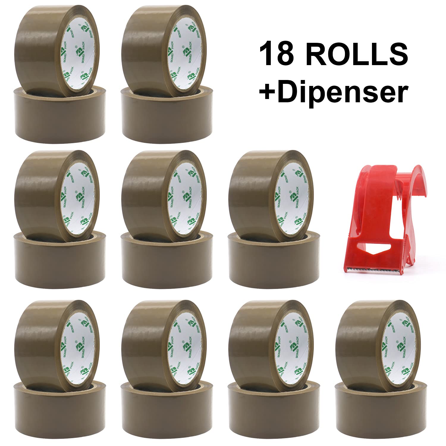 BOMEI PACK Lot de 18 rouleaux de ruban adhésif Marron avec Dérouleur Pour Boîtes et Ruban D'emballage 66m x 48mm