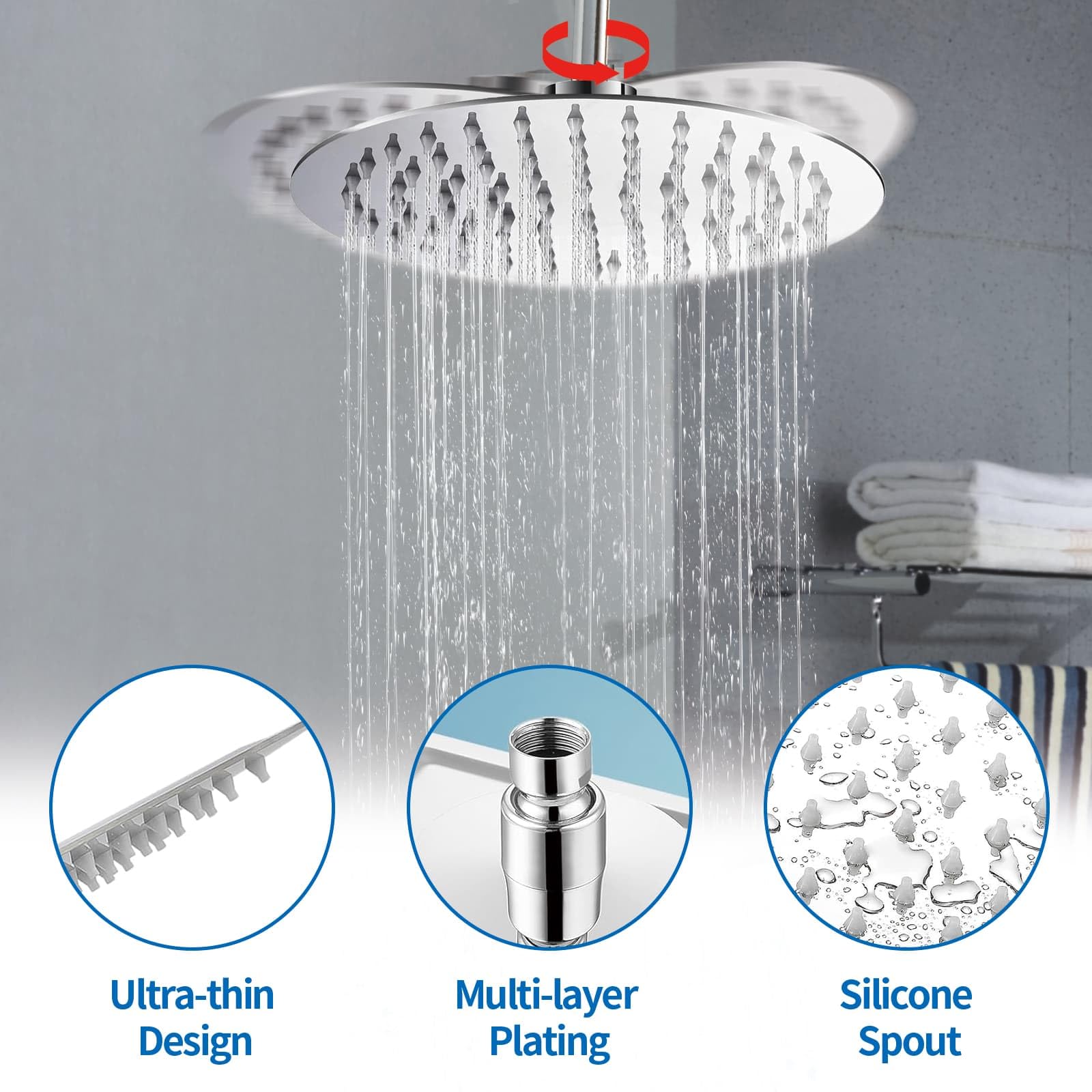 Rain Shower Head 304 Stainless Steel Replacement Rainfall Shower Heads 10'' High Pressure Rainfall Showerhead with Angle Adjustment Silicone Jets for The Ultimate Shower Experience Silvery (Round) - Image 4