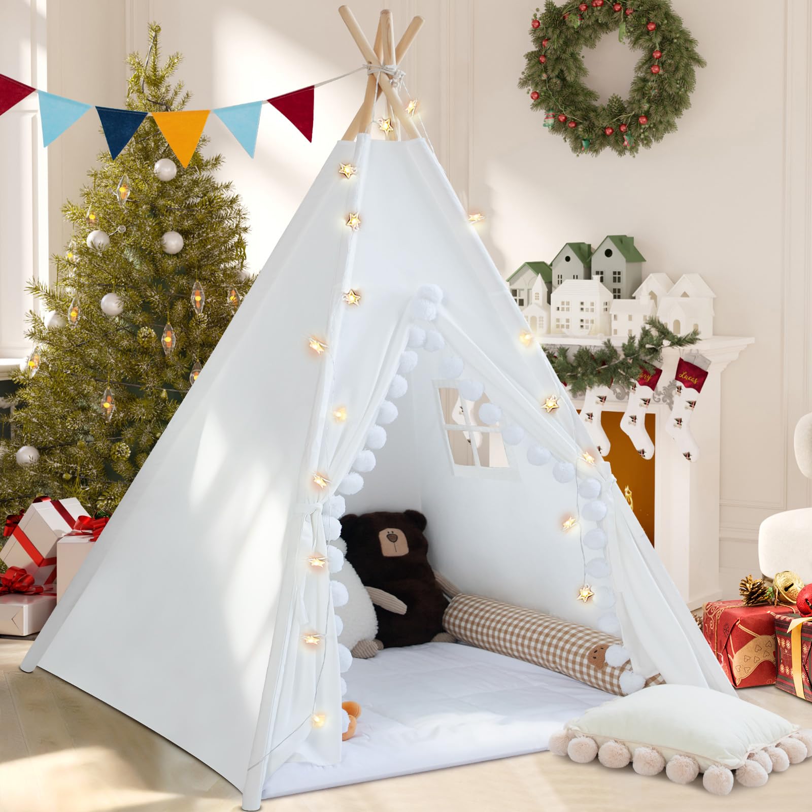 Teepee Tent for Kids with Padded Mat Cotton Canvas Kids Teepee with Pompom for Toddlers Indoor Play Tent for Girls Boys with Stars Lights, Carry Bag, Banner Flag (Snowman)